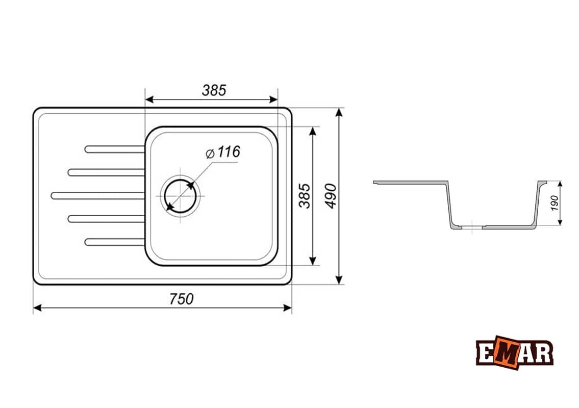 EMAR МРАМОР EMМ-175 МОЙКА ВРЕЗНАЯ 750*490 ММ (кения) - фото 2