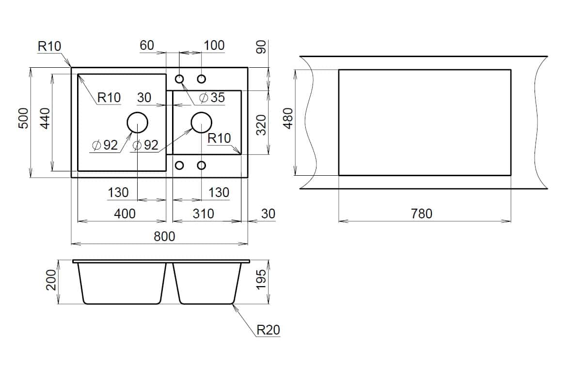 EMAR ГРАНИТ EMQ-2800.Q МОЙКА ВРЕЗНАЯ ДВЕ ЧАШИ 800*500 (морион) - фото 2