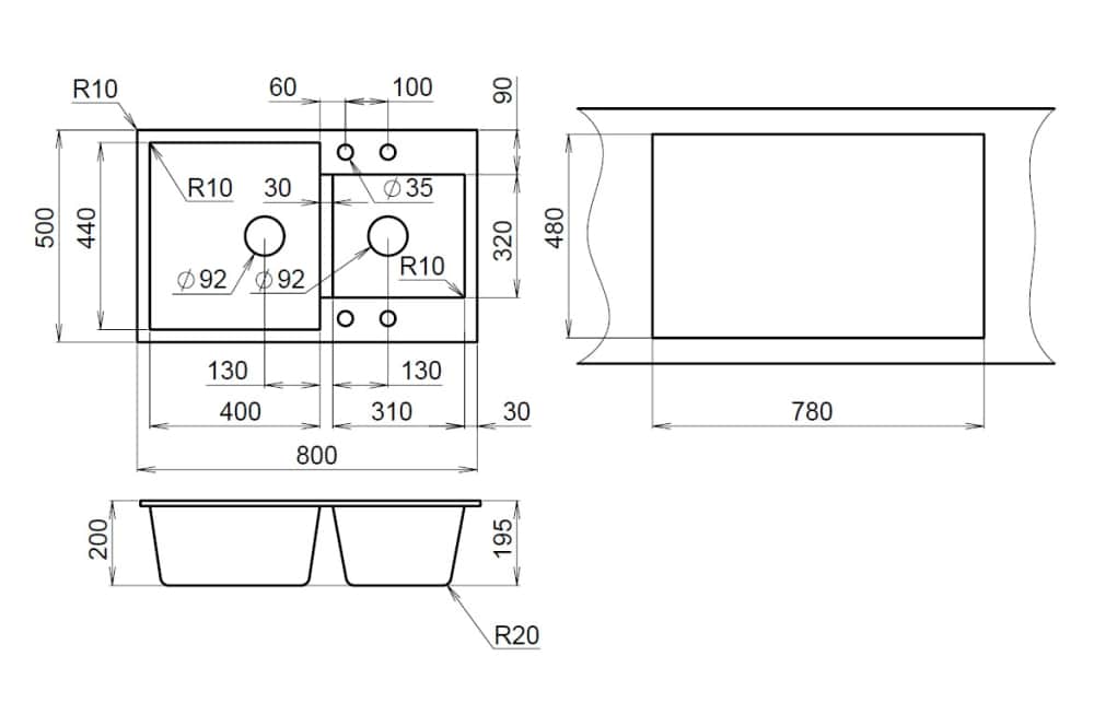EMAR ГРАНИТ EMQ-2800.Q МОЙКА ВРЕЗНАЯ ДВЕ ЧАШИ 800*500, антрацит, норма