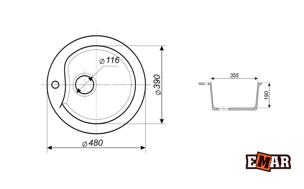 EMAR МРАМОР EMМ-148 МОЙКА ВРЕЗНАЯ 480 ММ - изображение 2