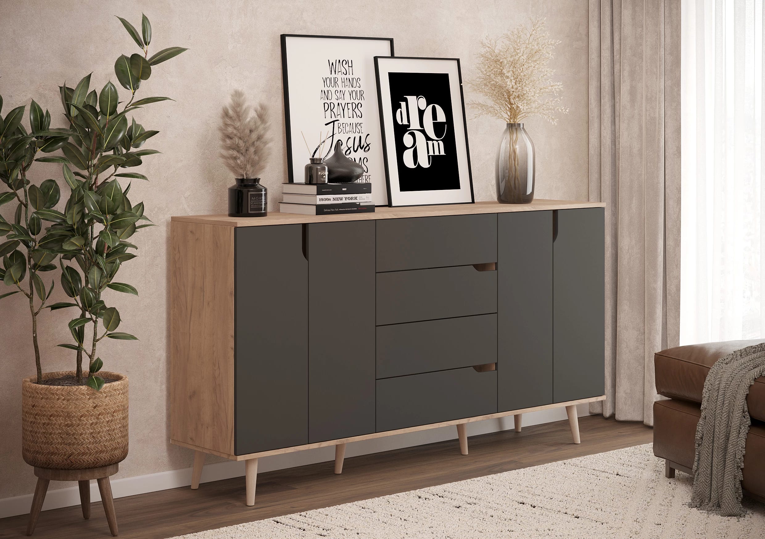 ТУМБА КОМБИНИРОВАННАЯ (АРТ. 6-56002) 1800Х388Х939ММ (Дуб Крафт Табачный /  Графит) - фото 3