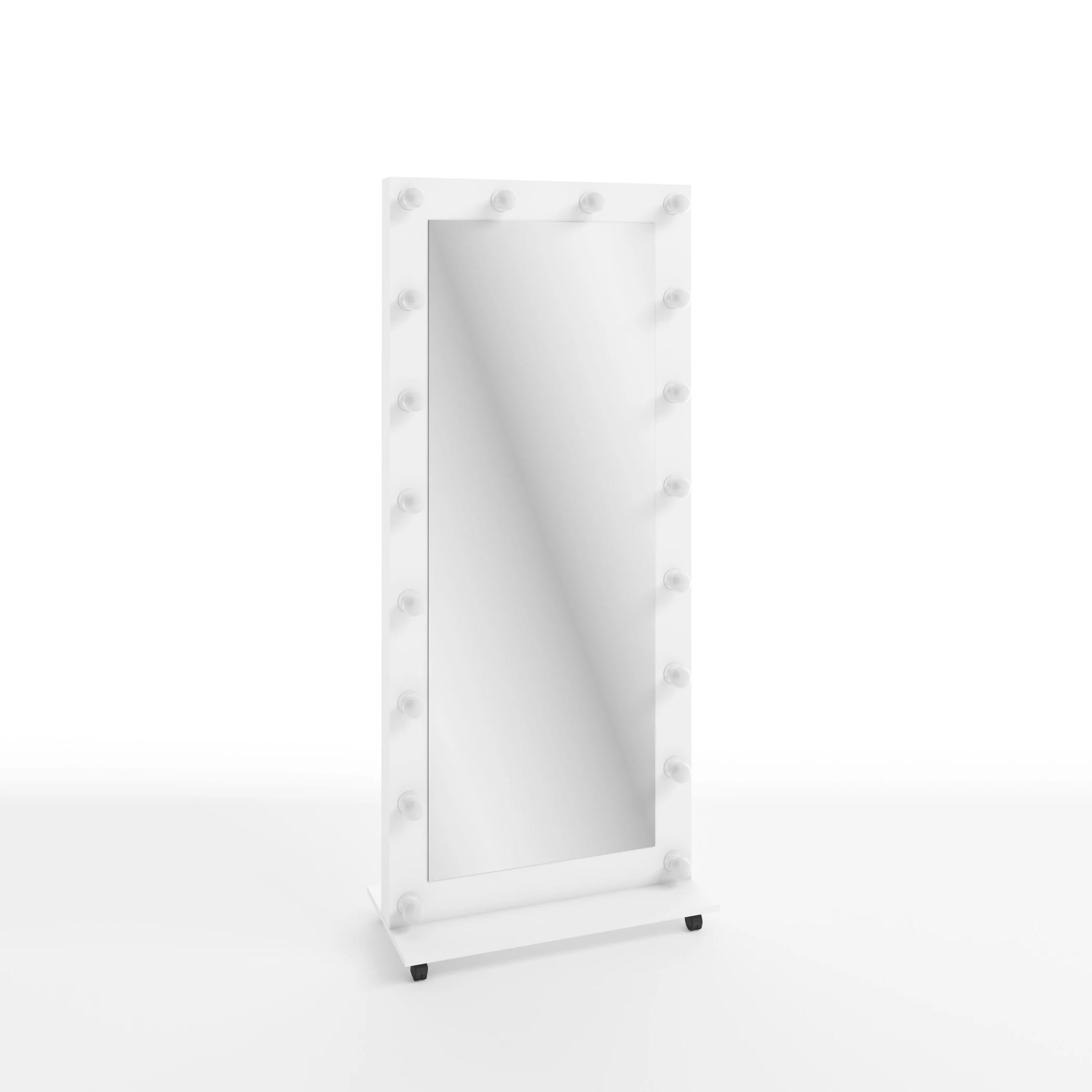 ЗЕРКАЛО С ЛАМПОЧКАМИ БОЛЬШОЕ, С ПОЛКОЙ, НА КОЛЕСИКАХ (800*1800 ММ) (белый шагрень) - фото 1