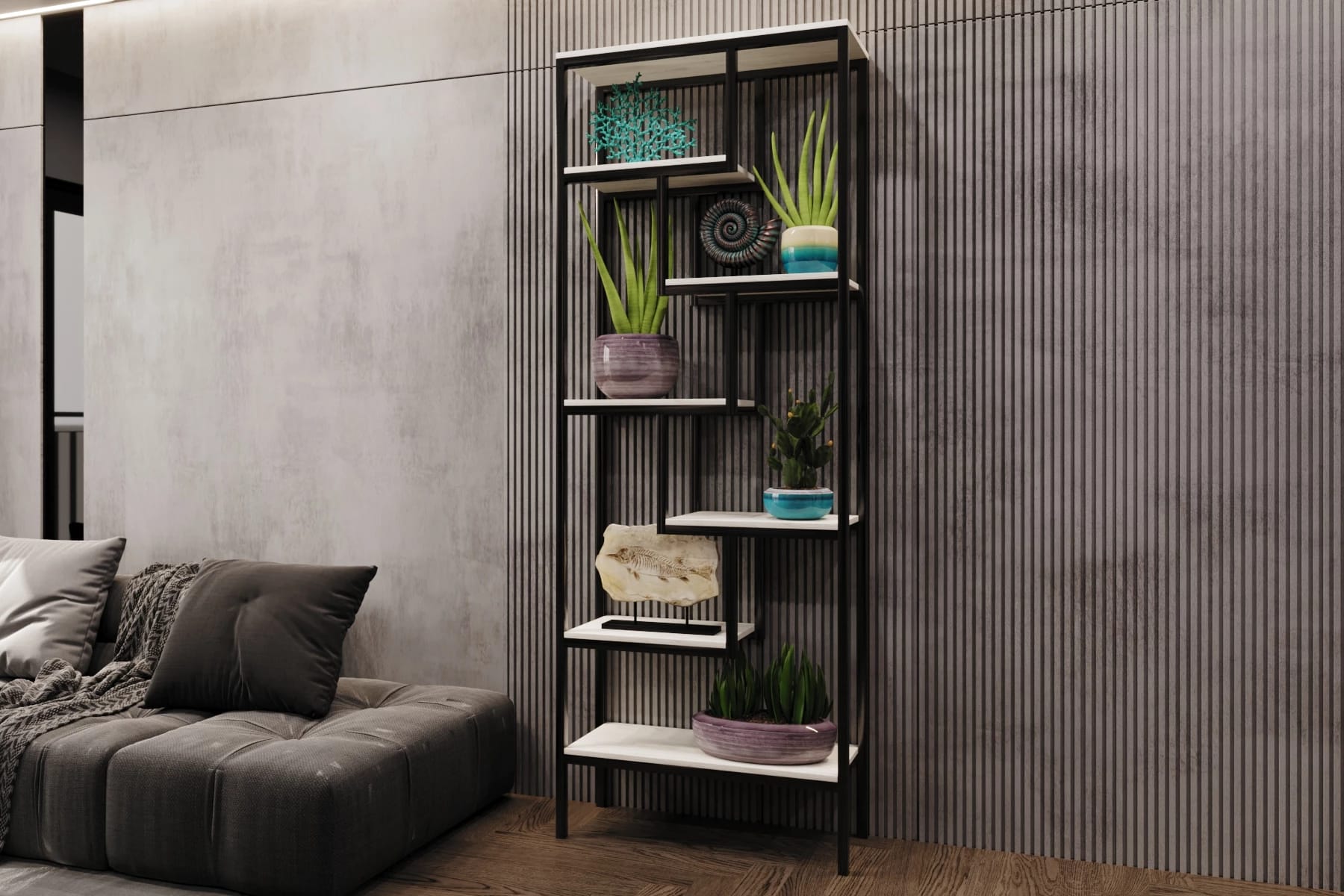 СТЕЛЛАЖ (АРТ. СЛ003.0) (800*300*2120ММ) (МЕТАЛЛ Черный Муар/ЛДСП Дуб Крафт белый (0009/0159)) - фото 3