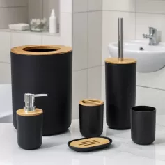 Набор для ванной "Вуди" 6 предметов (мыльница, дозатор, 2 стакана, ерш, ведро), черный 7365456