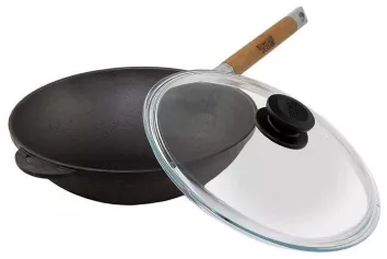 Сковорода-вок чугунная БИОЛ 24 см ручка, стекл. крышка (3) 1524С (К8183)