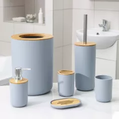 Набор для ванной "Вуди" 6 предметов (мыльница, дозатор, 2 стакана, ерш, ведро), цвет серый 7365454